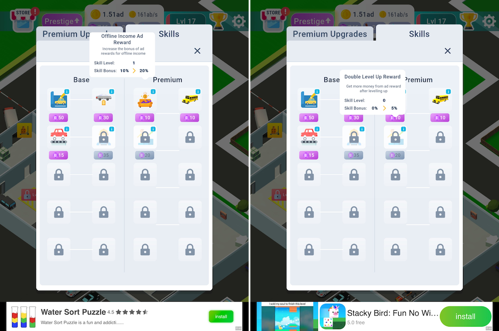 The Offline Income Ad Rewards boost (left) and the Double Level Up Reward boost (right).
