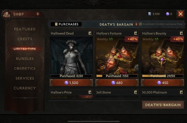 Diablo Immortal's special event store for Halloween
